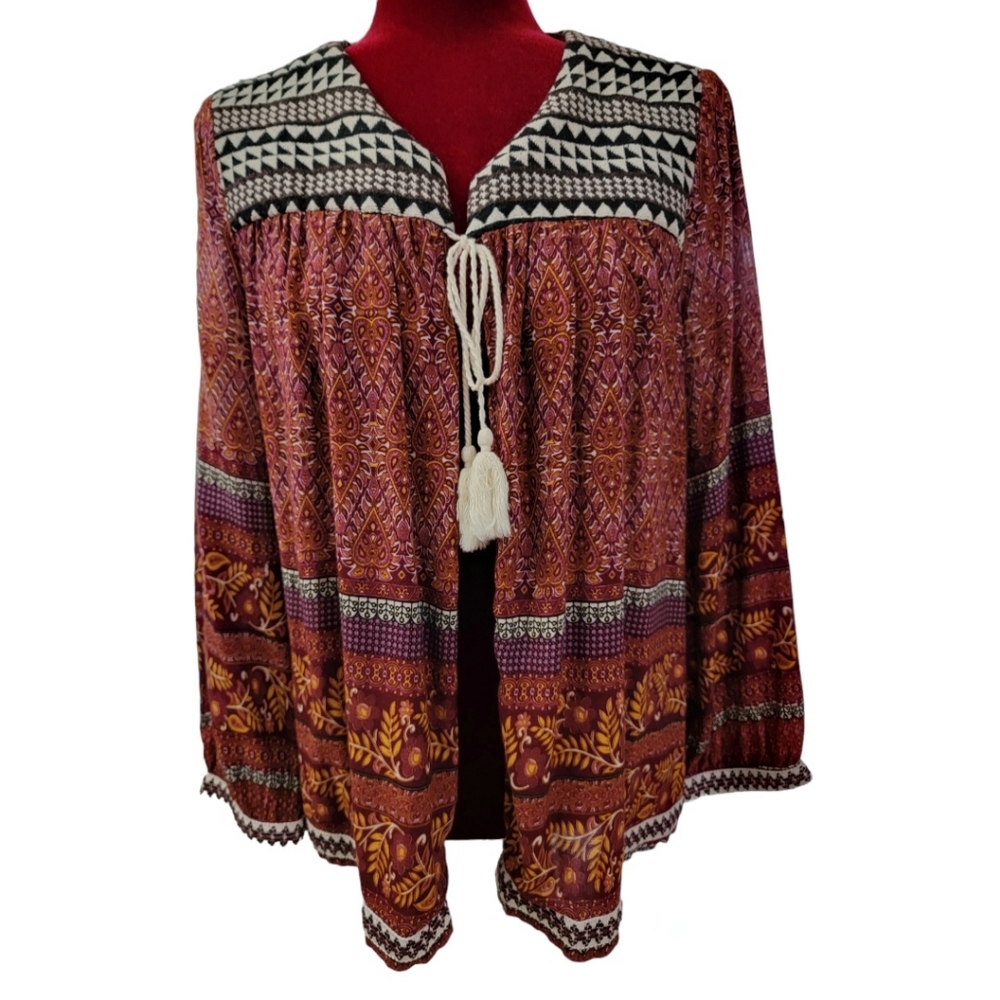 Entro open tie front tassel ties boho top size large
